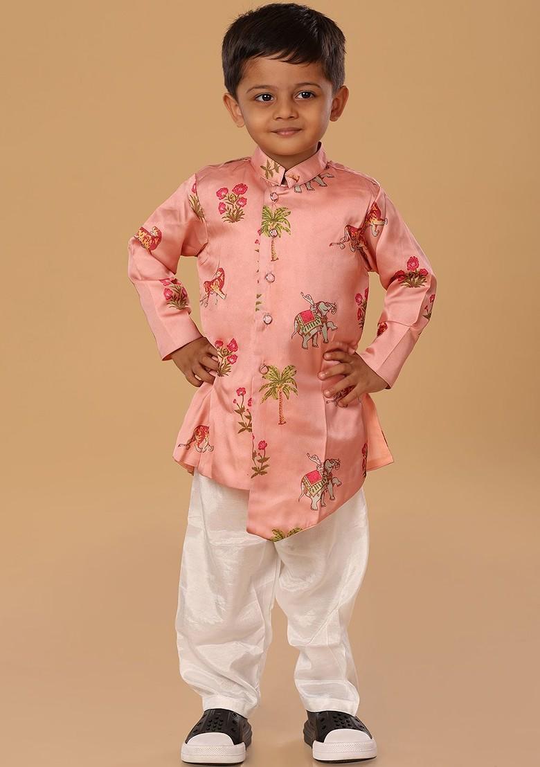 Pink Printed Blended Kurta Set For Boys - Indya