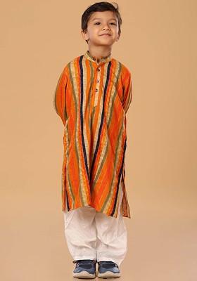 Orange Embroidered Blended Kurta Set For Boys