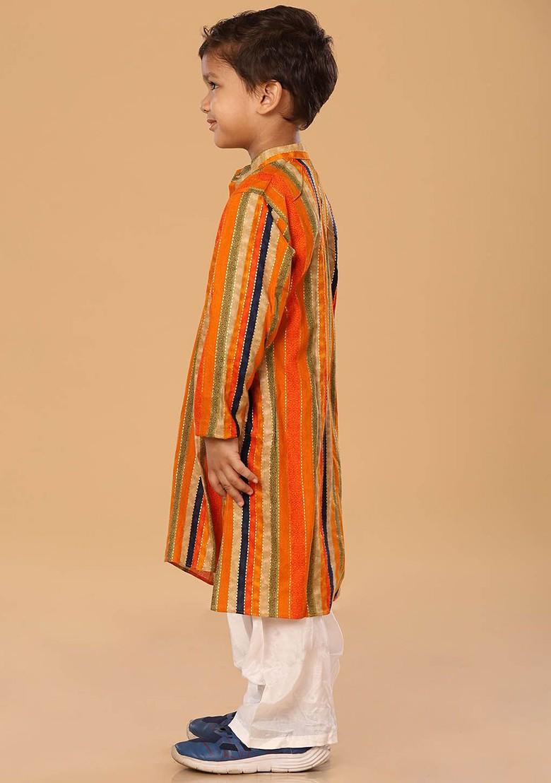 Orange Embroidered Blended Kurta Set For Boys - Indya