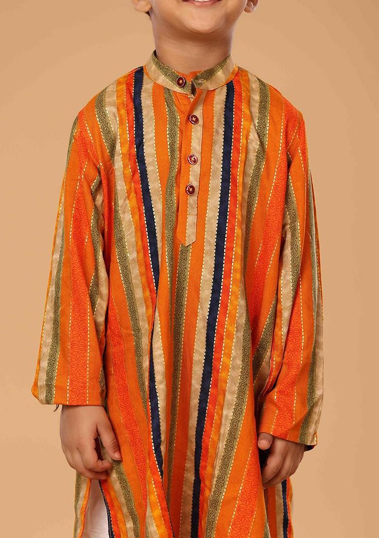 Orange Embroidered Blended Kurta Set For Boys - Indya