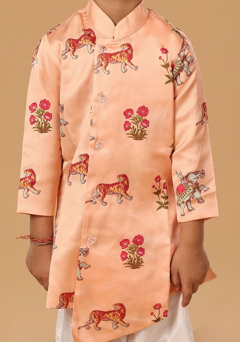 Peach Printed Blended Kurta Set For Boys - Indya