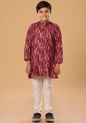 Maroon Embroidered Blended Kurta Set For Boys