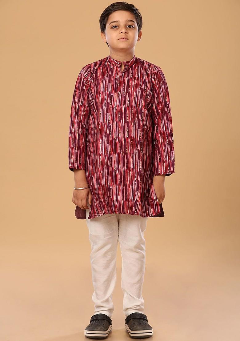 Maroon Embroidered Blended Kurta Set For Boys - Indya
