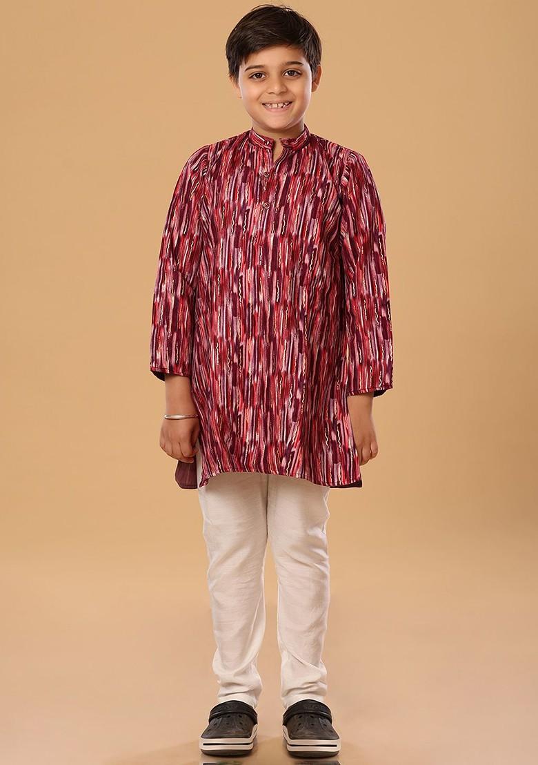 Maroon Embroidered Blended Kurta Set For Boys - Indya