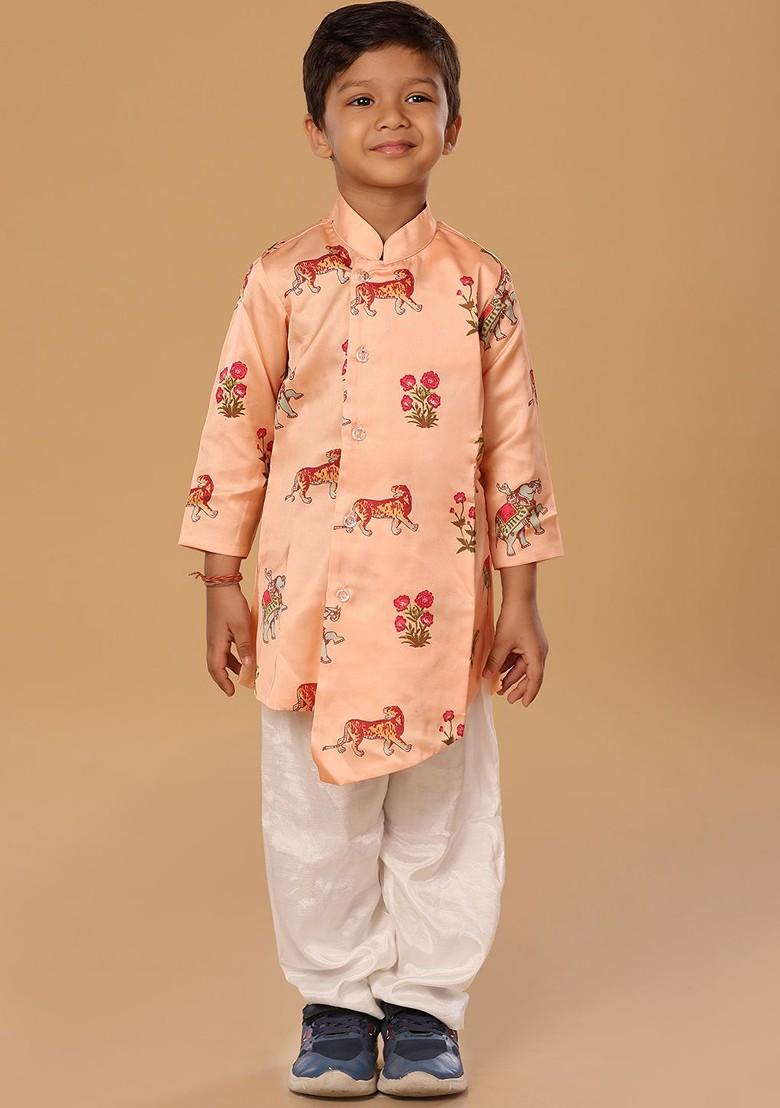 Peach Printed Blended Kurta Set For Boys - Indya