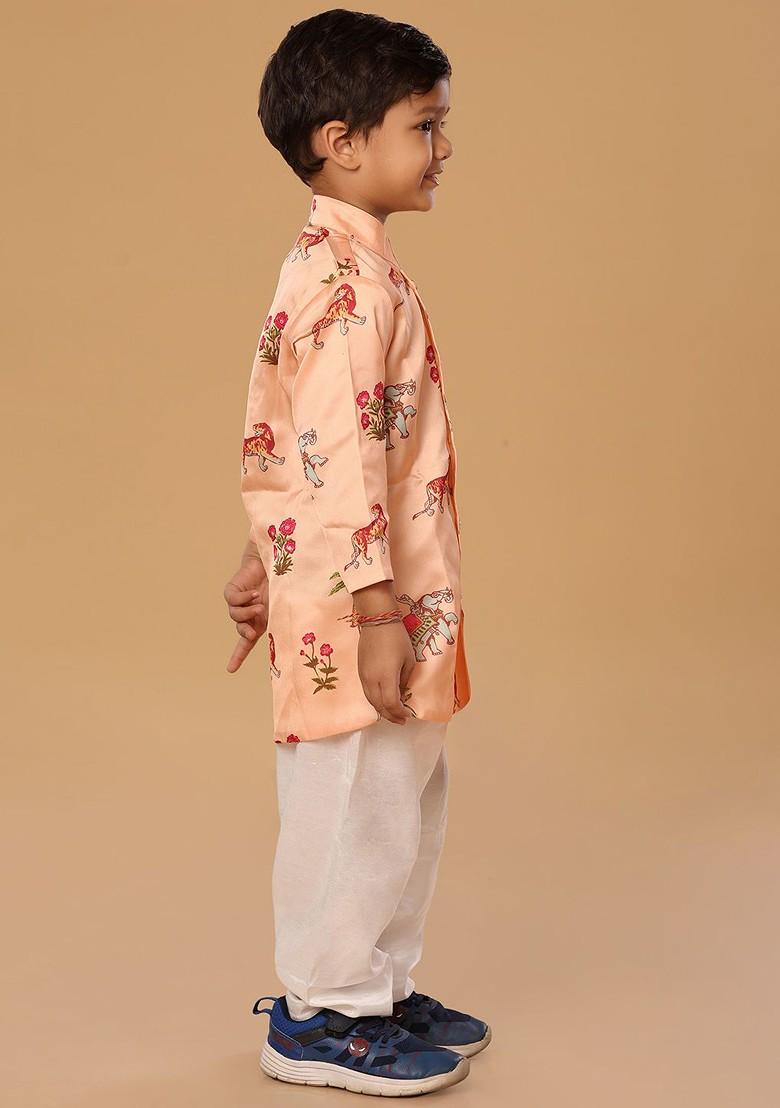 Peach Printed Blended Kurta Set For Boys - Indya