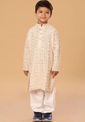 Peach Embroidered Blended Kurta Set For Boys