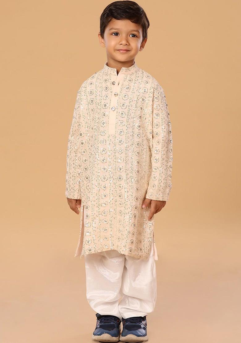 Peach Embroidered Blended Kurta Set For Boys - Indya