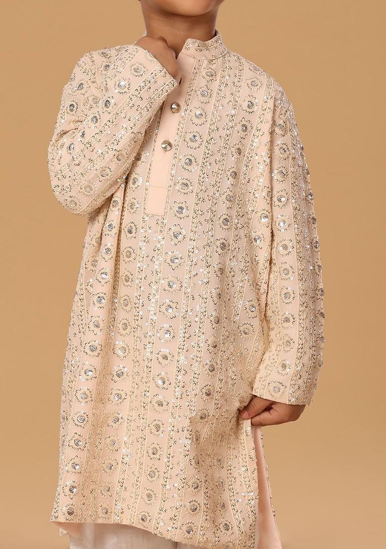 Peach Embroidered Blended Kurta Set For Boys - Indya