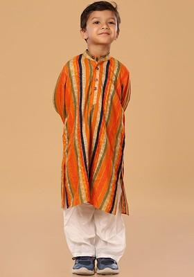 Orange Embroidered Blended Kurta Set For Boys