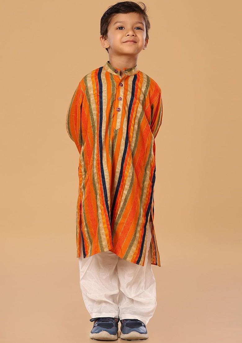 Orange Embroidered Blended Kurta Set For Boys - Indya