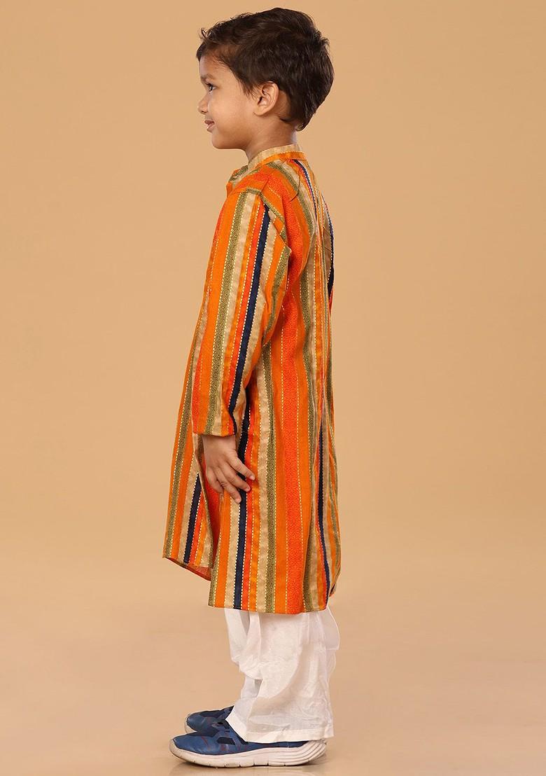Orange Embroidered Blended Kurta Set For Boys - Indya