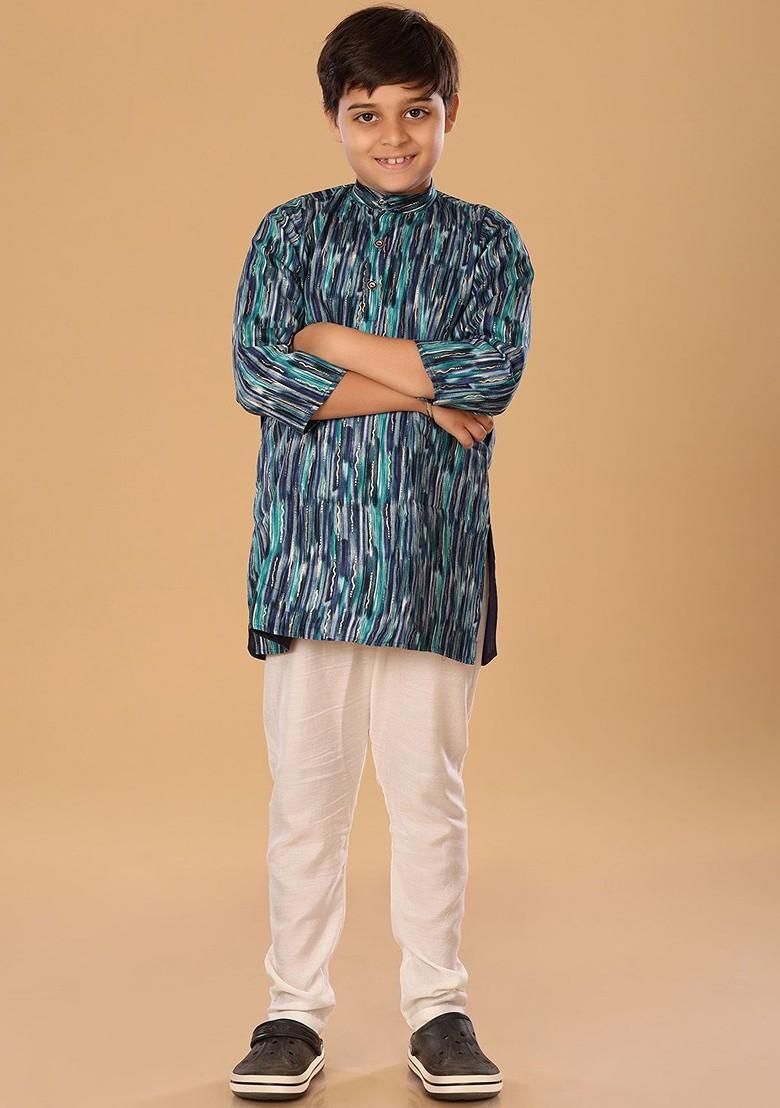 Blue Embroidered Blended Kurta Set For Boys - Indya