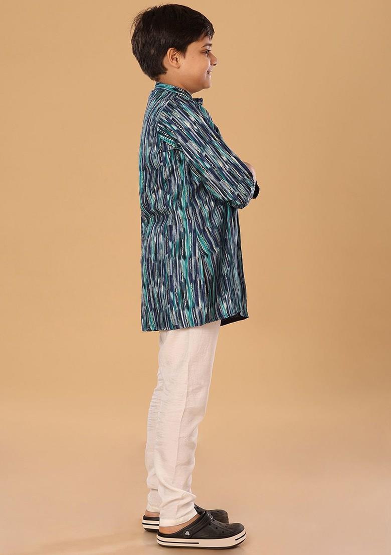 Blue Embroidered Blended Kurta Set For Boys - Indya