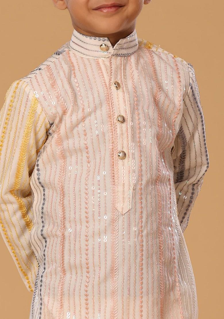Peach Embroidered Blended Kurta Set For Boys - Indya