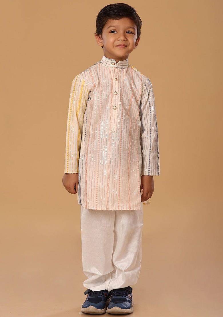 Peach Embroidered Blended Kurta Set For Boys - Indya