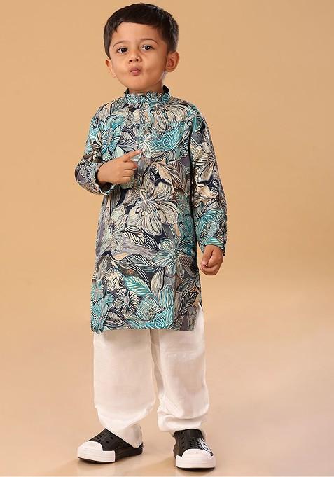 Blue Floral Blended Kurta Set For Boys — view on Indya