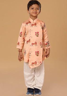 Peach Printed Blended Kurta Set For Boys