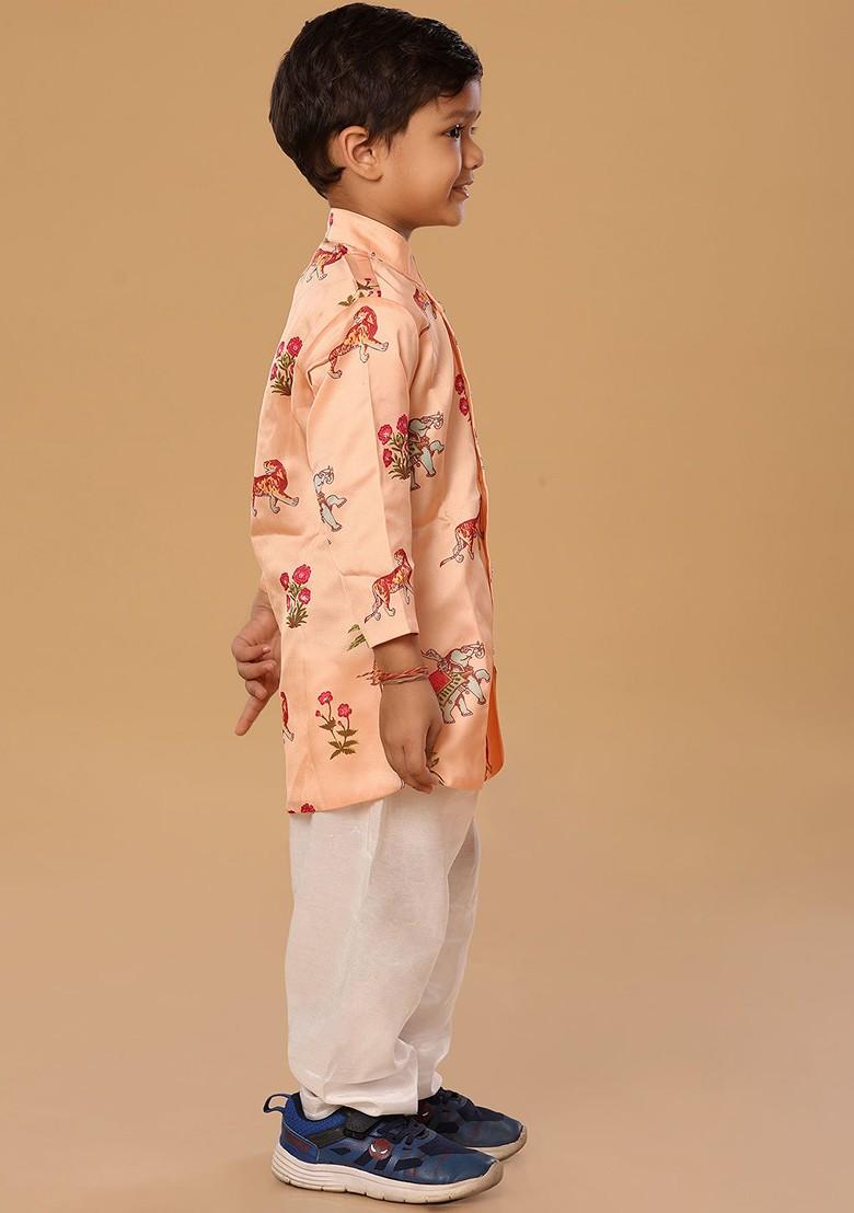 Peach Printed Blended Kurta Set For Boys - Indya