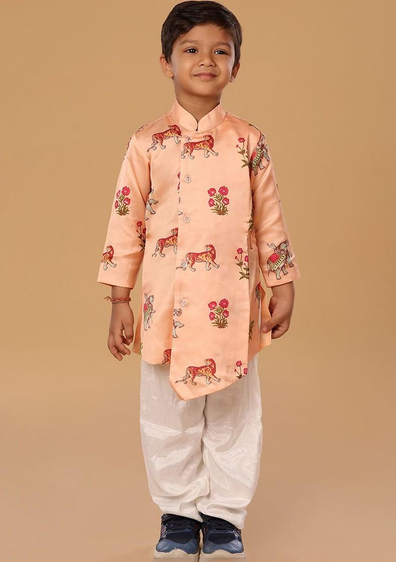 Peach Printed Blended Kurta Set For Boys - Indya