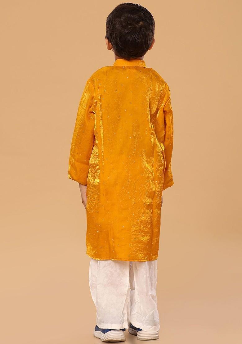 Mustard Embroidered Blended Kurta Set For Boys - Indya