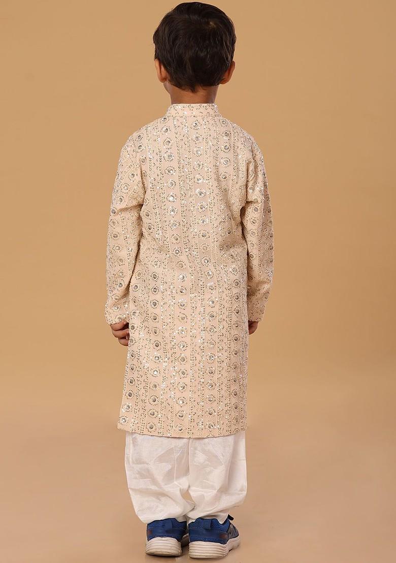 Peach Embroidered Blended Kurta Set For Boys - Indya