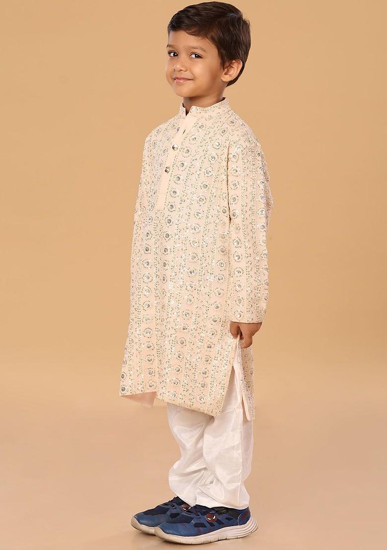 Peach Embroidered Blended Kurta Set For Boys - Indya