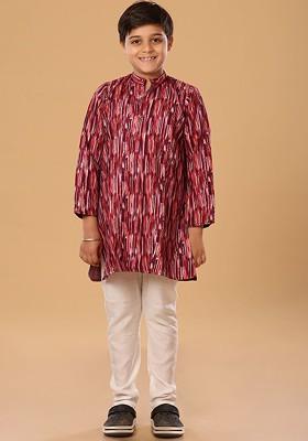 Red Embroidered Blended Kurta Set For Boys