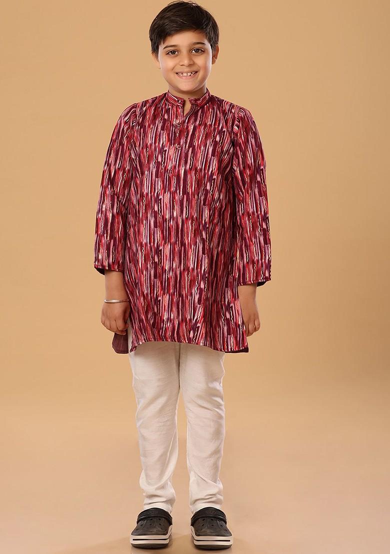 Red Embroidered Blended Kurta Set For Boys - Indya
