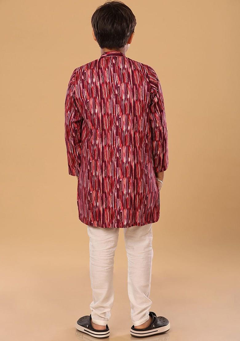 Red Embroidered Blended Kurta Set For Boys - Indya