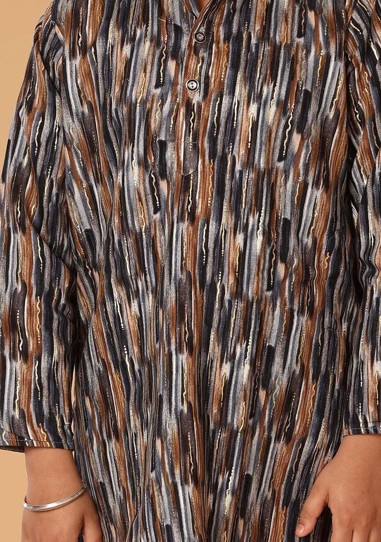 Brown Embroidered Blended Kurta Set For Boys - Indya