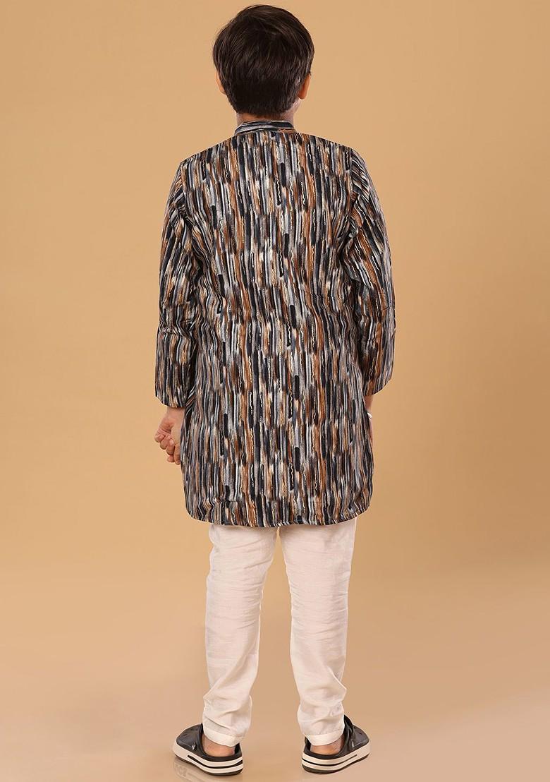 Brown Embroidered Blended Kurta Set For Boys - Indya