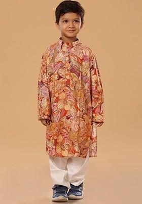 Orange Floral Blended Kurta Set For Boys