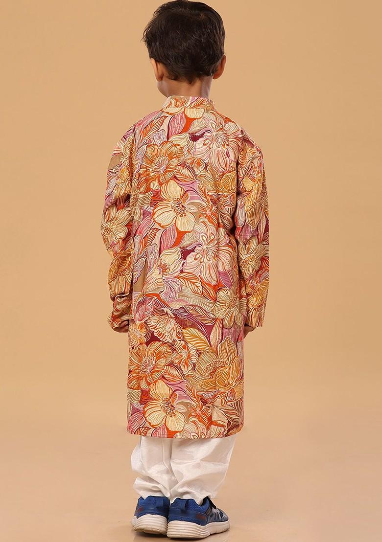 Orange Floral Blended Kurta Set For Boys - Indya