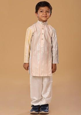 Peach Embroidered Blended Kurta Set For Boys