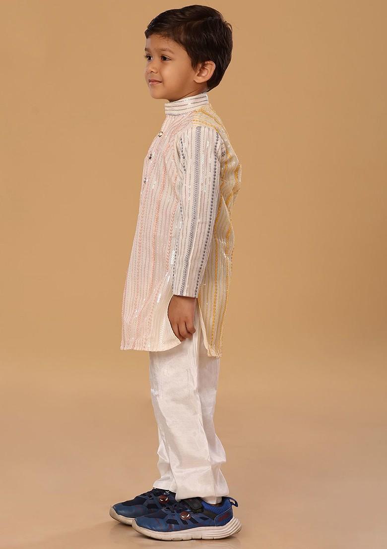 Peach Embroidered Blended Kurta Set For Boys - Indya