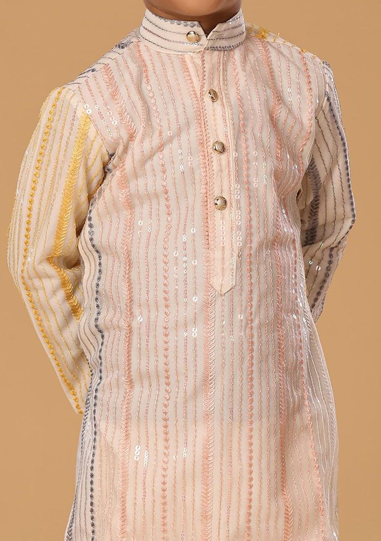 Peach Embroidered Blended Kurta Set For Boys - Indya