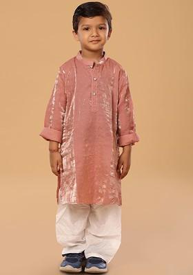 Pink Embroidered Blended Kurta Set For Boys