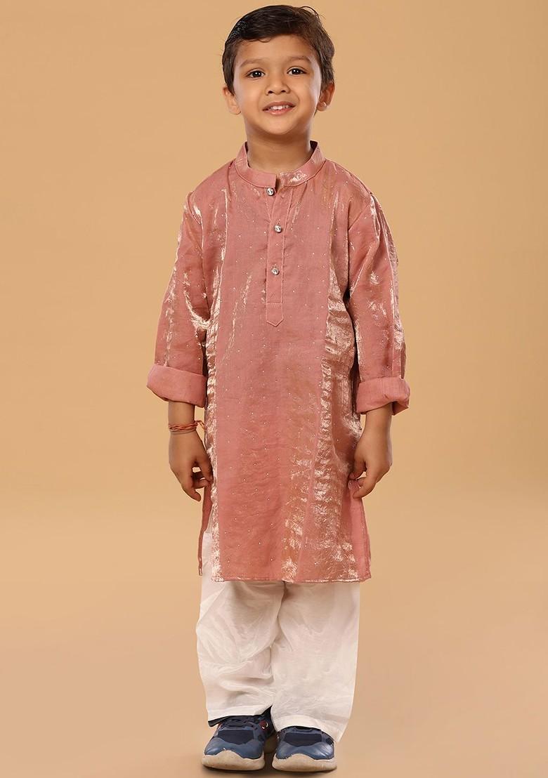 Pink Embroidered Blended Kurta Set For Boys - Indya