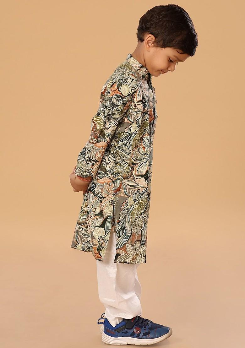 Green Floral Blended Kurta Set For Boys - Indya