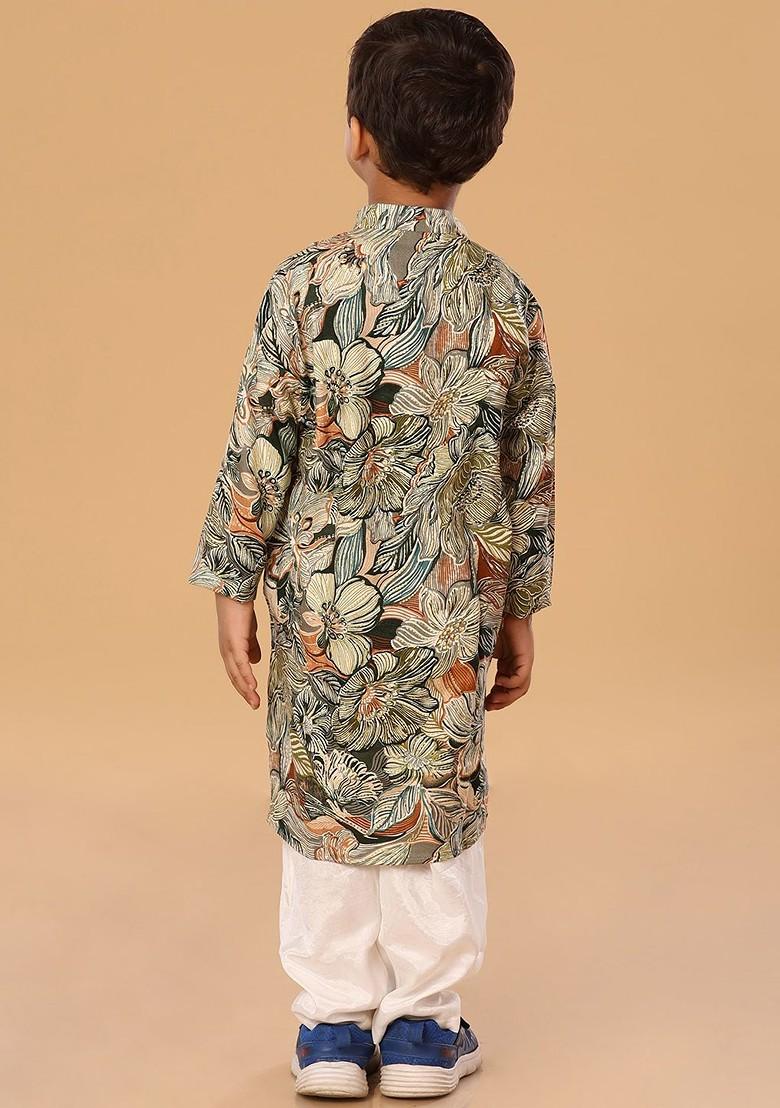 Green Floral Blended Kurta Set For Boys - Indya