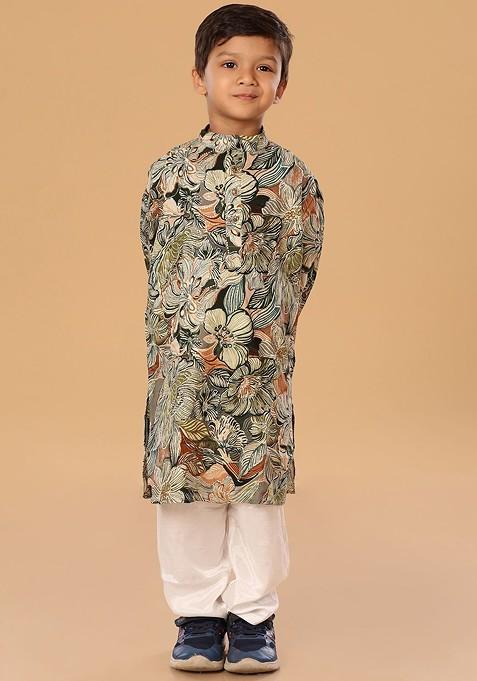 Green Floral Blended Kurta Set For Boys — view on Indya