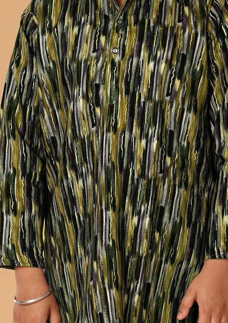 Green Embroidered Blended Kurta Set For Boys - Indya