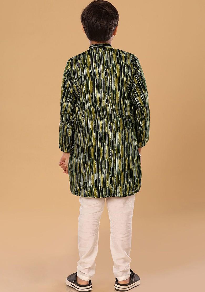Green Embroidered Blended Kurta Set For Boys - Indya