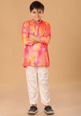 Pink Embroidered Blended Kurta Set For Boys