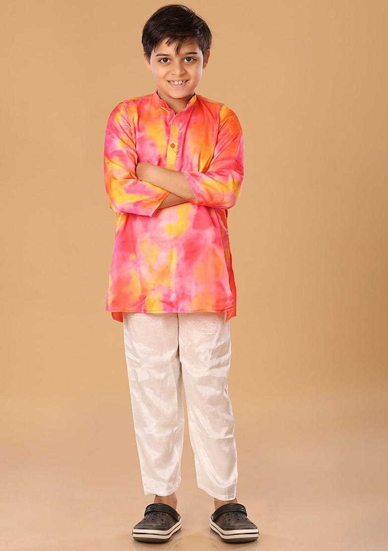 Pink Embroidered Blended Kurta Set For Boys - Indya