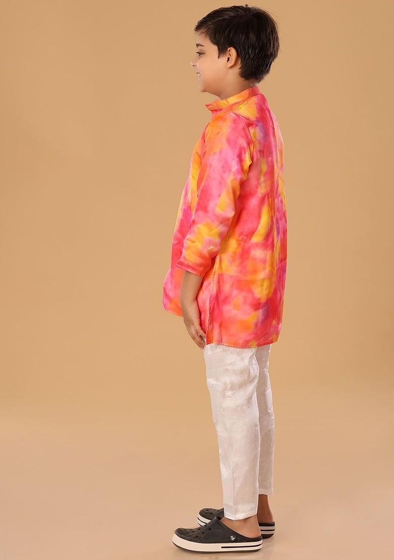 Pink Embroidered Blended Kurta Set For Boys - Indya