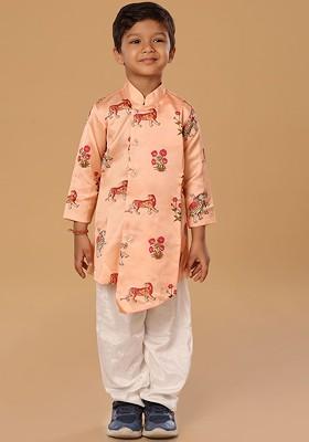 Peach Printed Blended Kurta Set For Boys