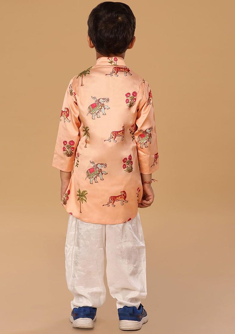 Peach Printed Blended Kurta Set For Boys - Indya