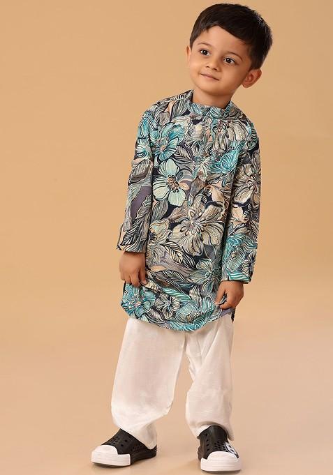 Blue Floral Blended Kurta Set For Boys — view on Indya
